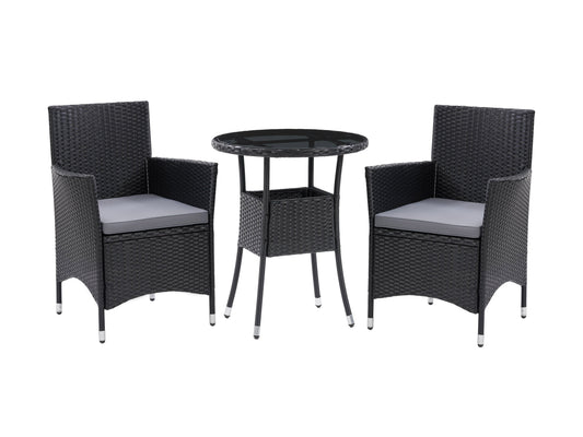 3-piece patio bistro set with grey cushions, black metal frame, and glass-top table, perfect for outdoor dining.