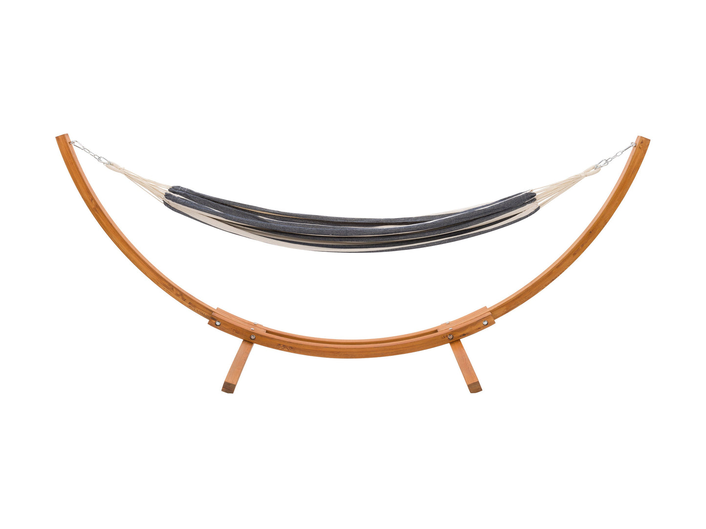 Navy blue and white patio hammock with wooden stand, durable fabric, and elegant design for outdoor relaxation.