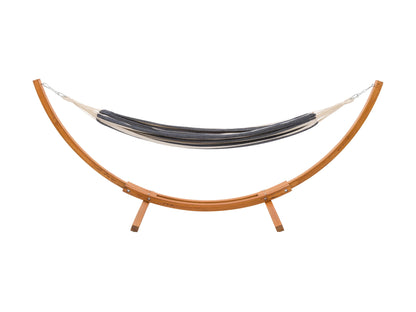 Navy blue and white patio hammock with wooden stand, durable fabric, and elegant design for outdoor relaxation.