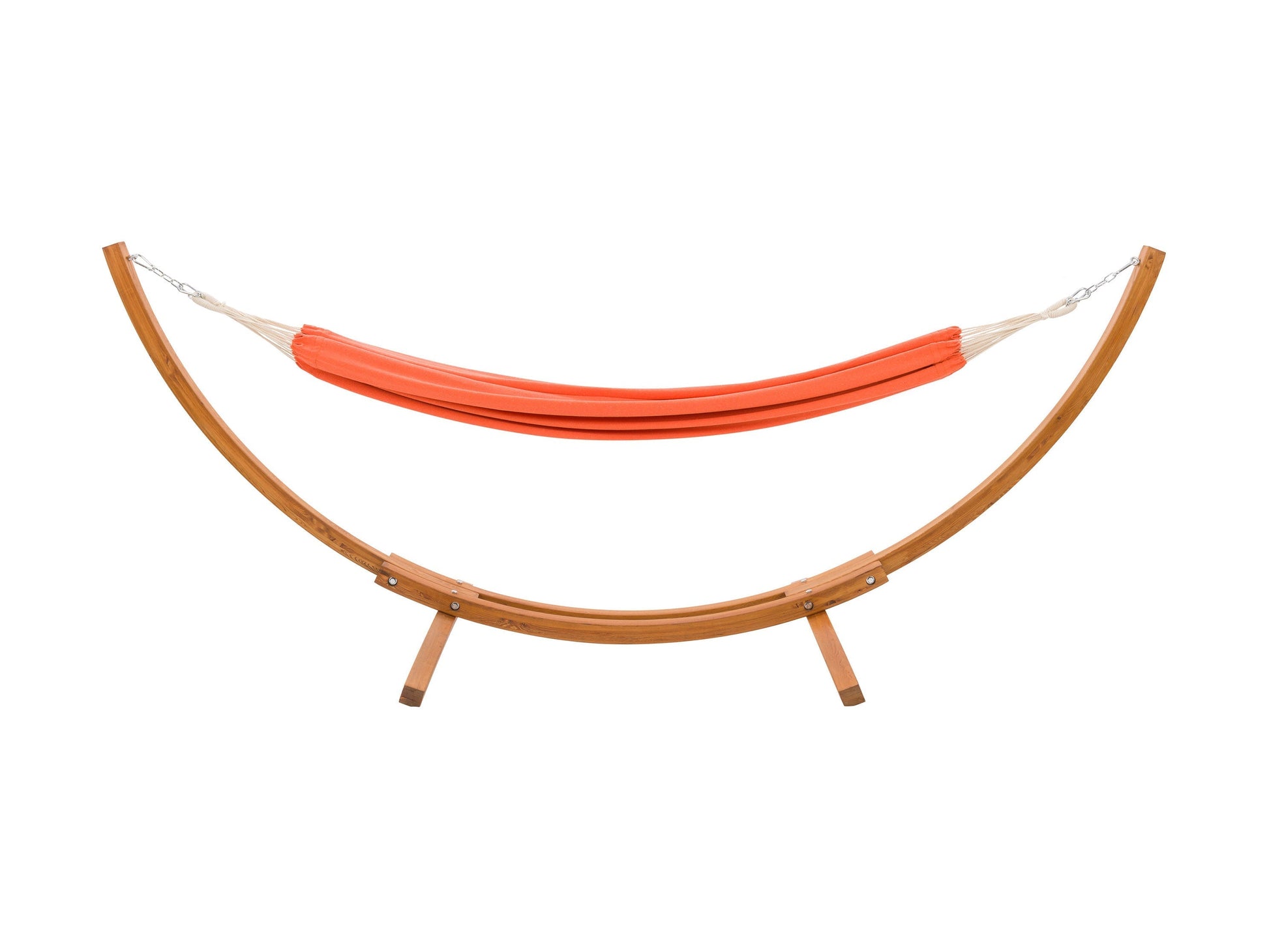 Orange hammock with wooden stand, durable fabric, and a stylish design for outdoor relaxation.