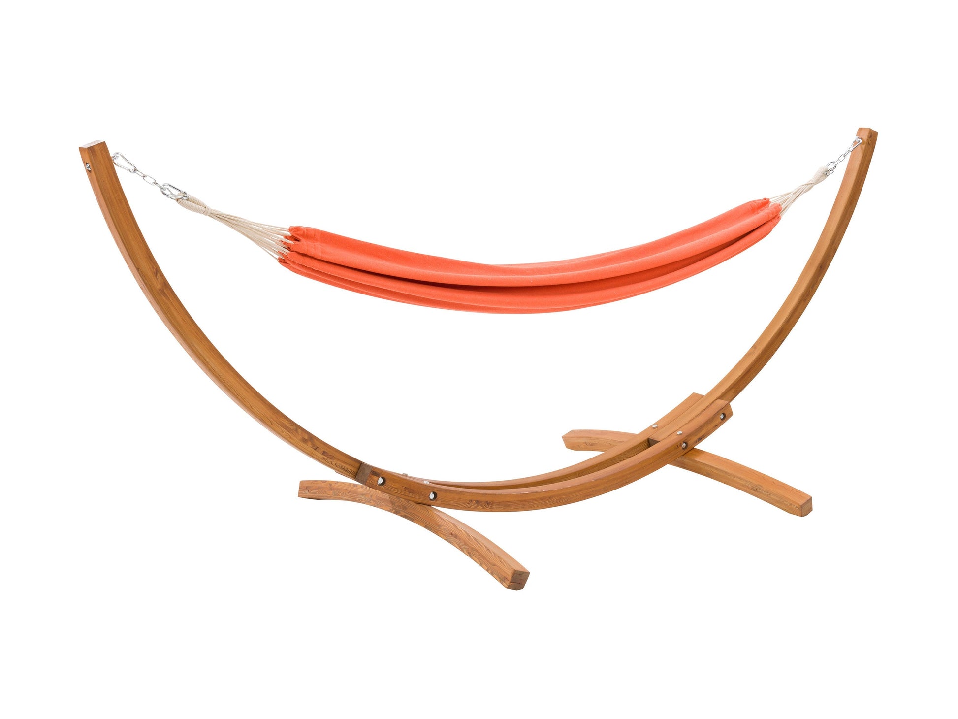 Orange patio hammock with wooden stand, durable fabric, and weather-resistant design for outdoor relaxation.