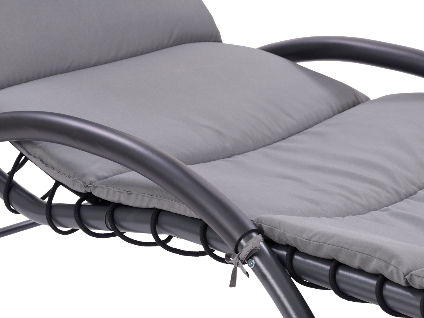 Grey patio lounge chair with canopy, cushioned seat, and aluminum frame for outdoor relaxation.