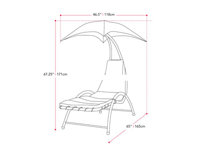 Grey patio lounge chair with canopy, adjustable backrest, weather-resistant fabric, and sleek aluminum frame.