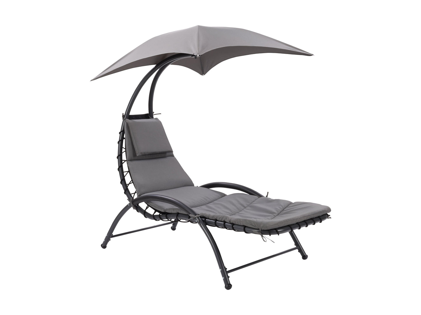 Grey patio lounge chair with canopy, cushioned seating, and sleek modern design for outdoor relaxation.