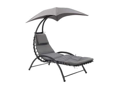 Grey patio lounge chair with canopy, cushioned seating, and sleek modern design for outdoor relaxation.