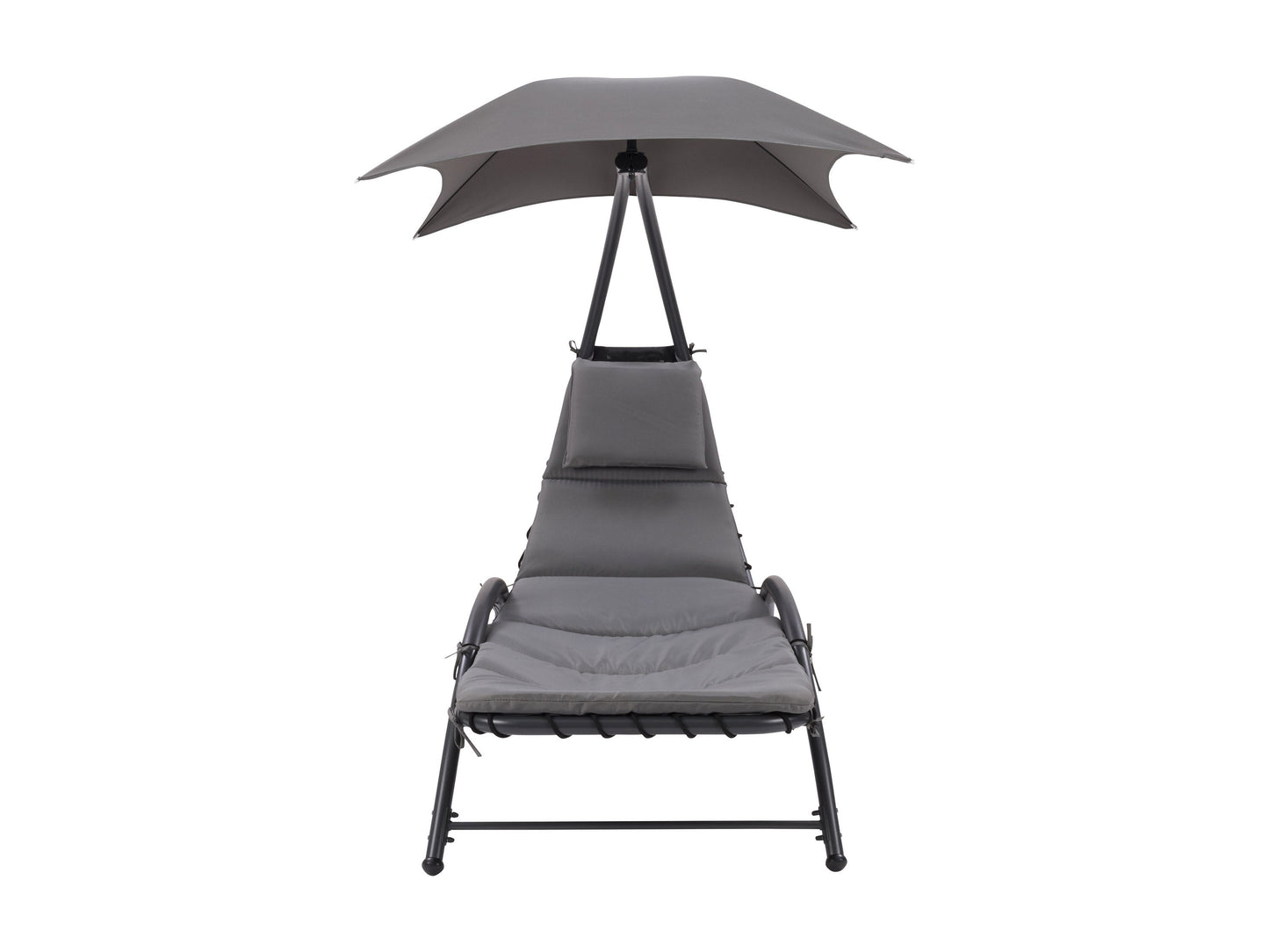 Grey patio lounge chair with canopy, featuring a sleek design, durable fabric, and weather-resistant materials.