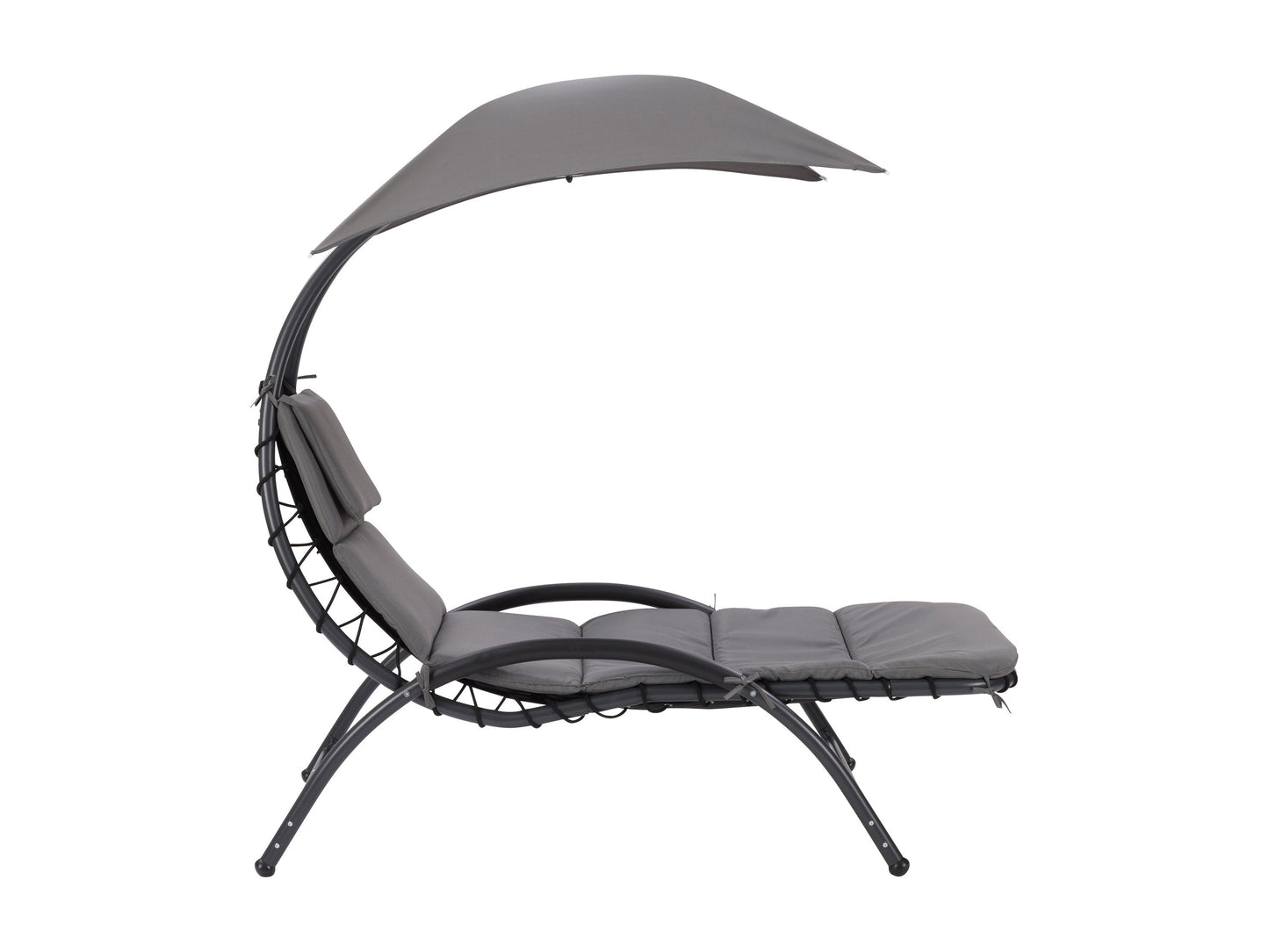 Grey patio lounge chair with canopy, cushioned seat, and sleek metal frame for outdoor relaxation.