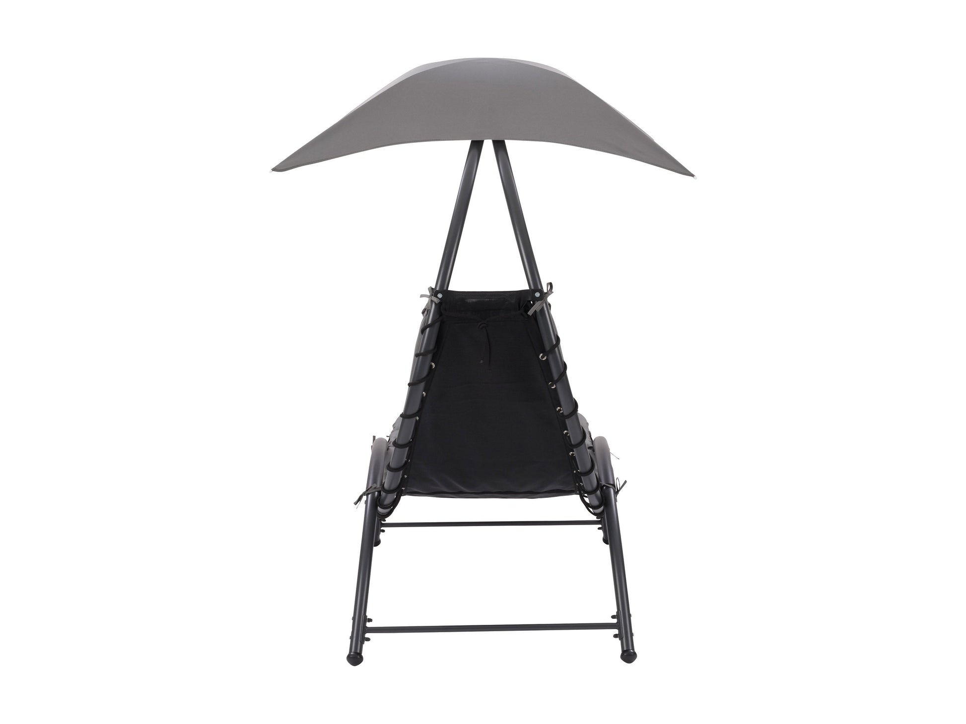 Grey patio lounge chair with canopy, cushioned seat, and durable metal frame for outdoor comfort and style