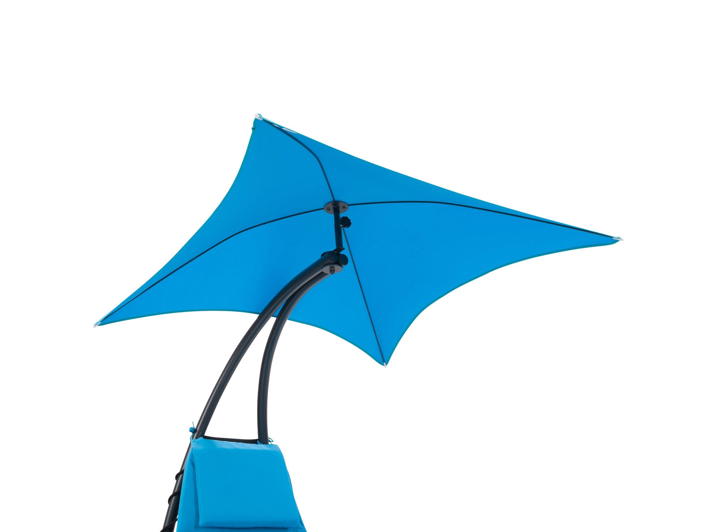 Blue patio lounge chair with canopy, cushioned seat, and durable metal frame for outdoor relaxation.