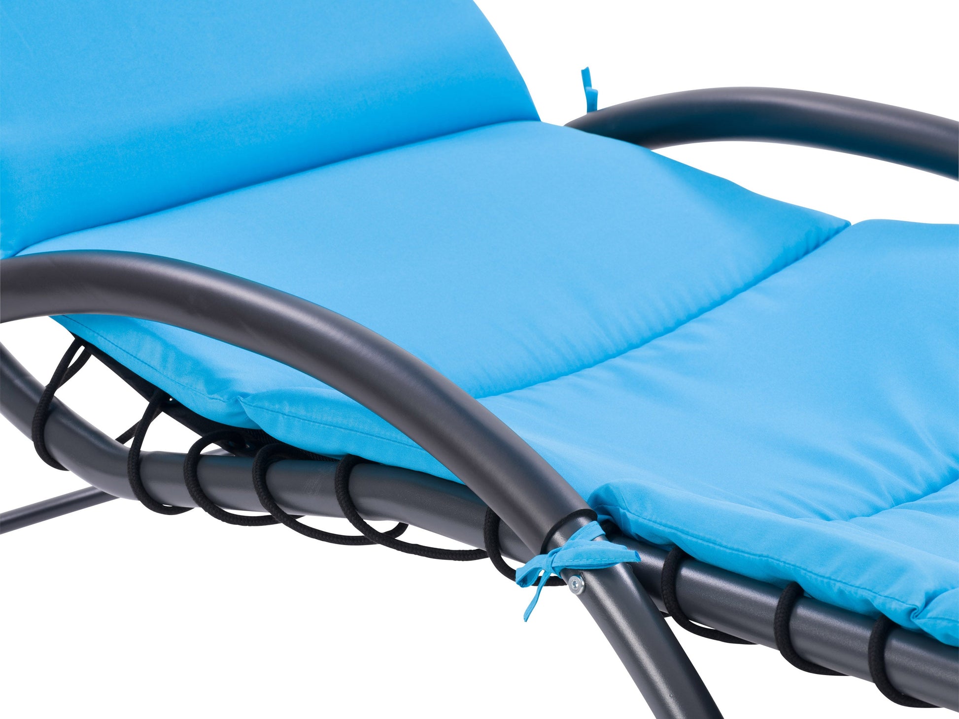 Blue patio lounge chair with canopy, featuring a cushioned seat and backrest, wicker texture, and sturdy metal frame.