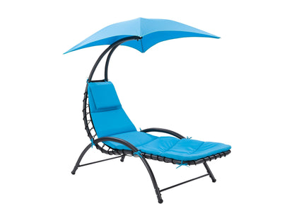 Blue patio lounge chair with canopy, adjustable backrest, and weather-resistant fabric for outdoor relaxation.