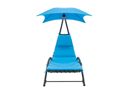 Blue patio lounge chair with canopy, featuring a durable frame, weather-resistant fabric, and comfortable reclining design.