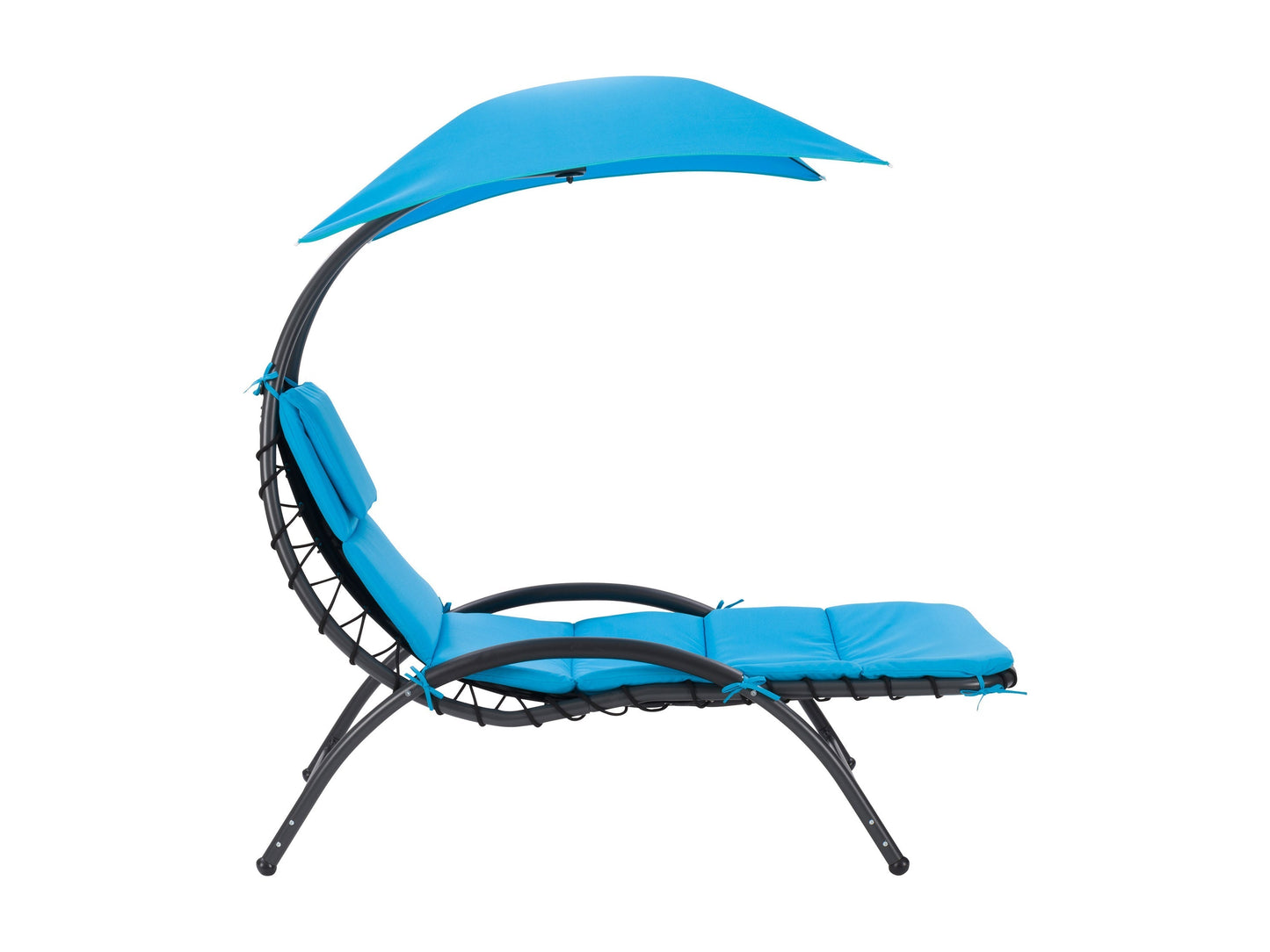 Blue patio lounge chair with canopy, featuring a sleek design and durable fabric for outdoor relaxation.