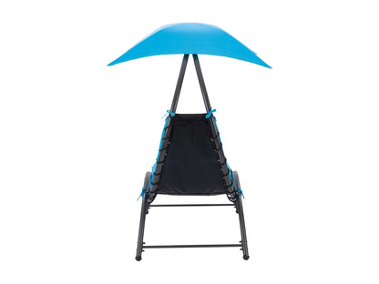 Blue patio lounge chair with canopy, cushioned seating, and durable metal frame for outdoor relaxation.