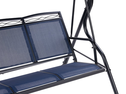 Navy blue patio swing with canopy, cushioned seats, and sturdy metal frame for outdoor relaxation.