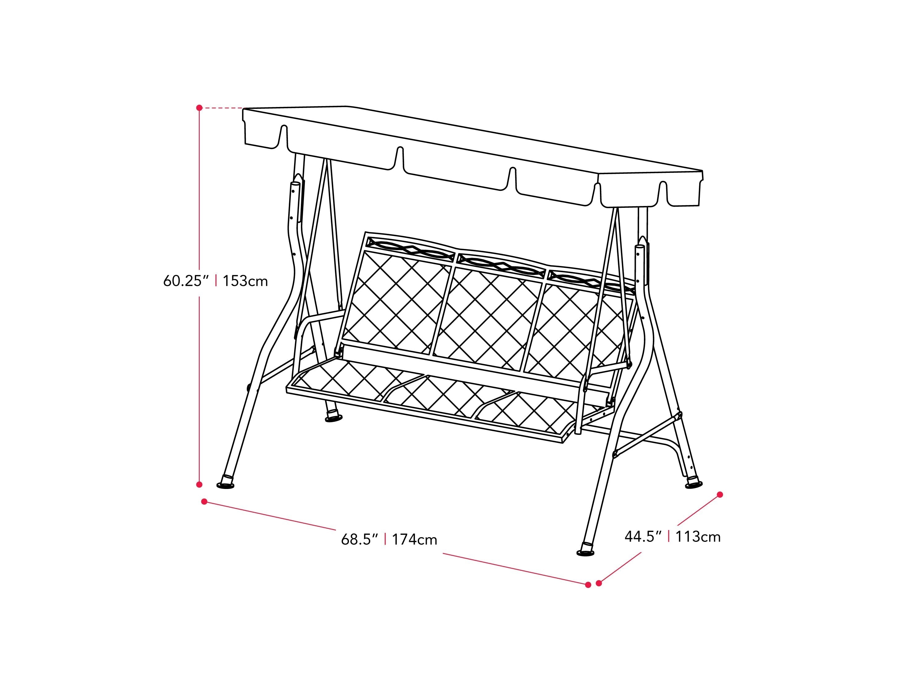 Navy blue patio swing with canopy, cushioned seats, and sturdy metal frame for outdoor relaxation.