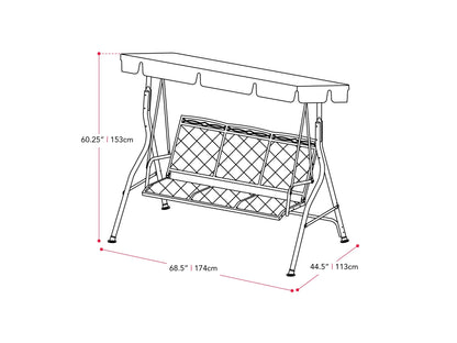 Navy blue patio swing with canopy, cushioned seats, and sturdy metal frame for outdoor relaxation.