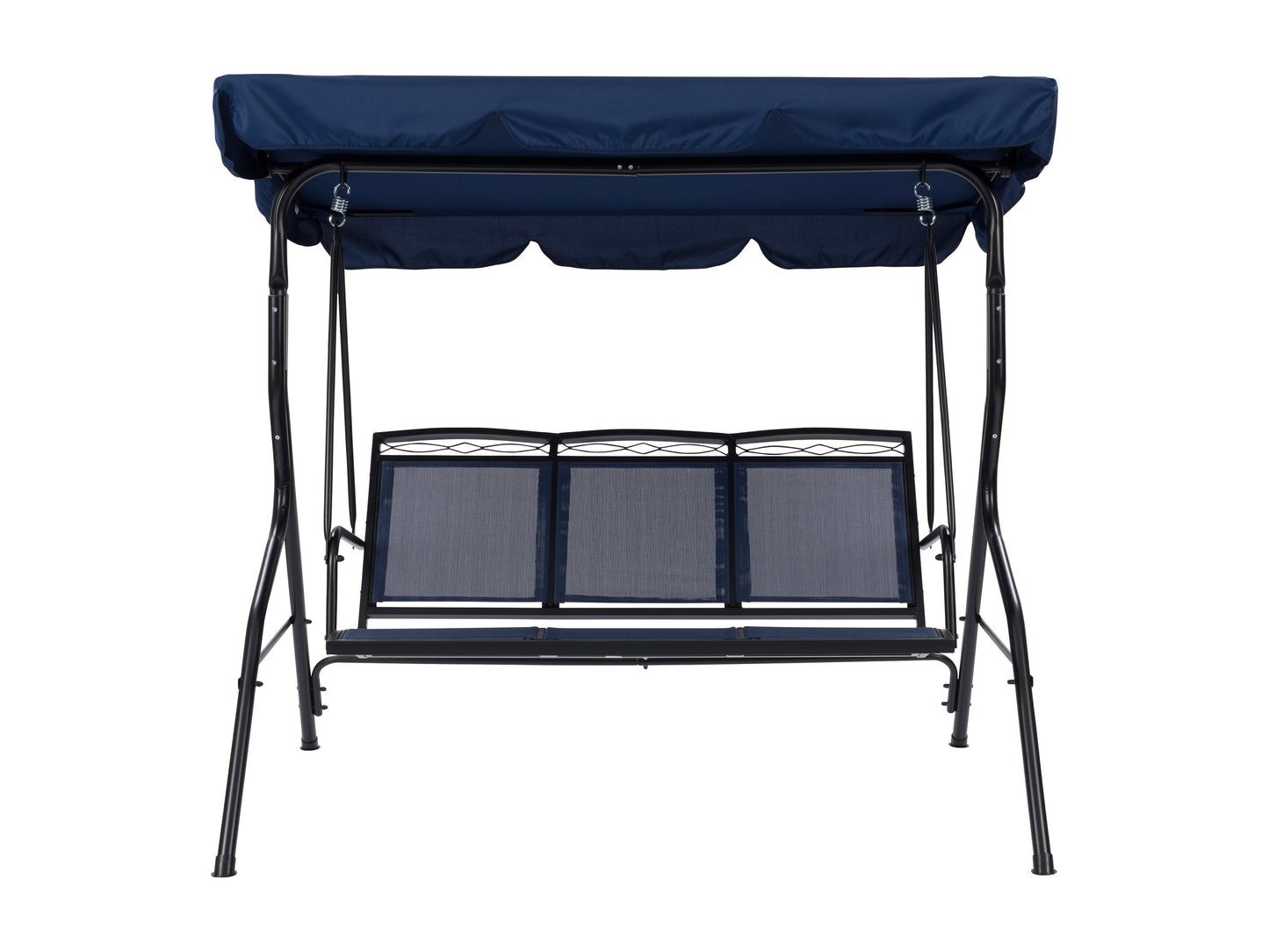 Navy blue patio swing with canopy, cushioned seats, and sturdy metal frame for outdoor relaxation.