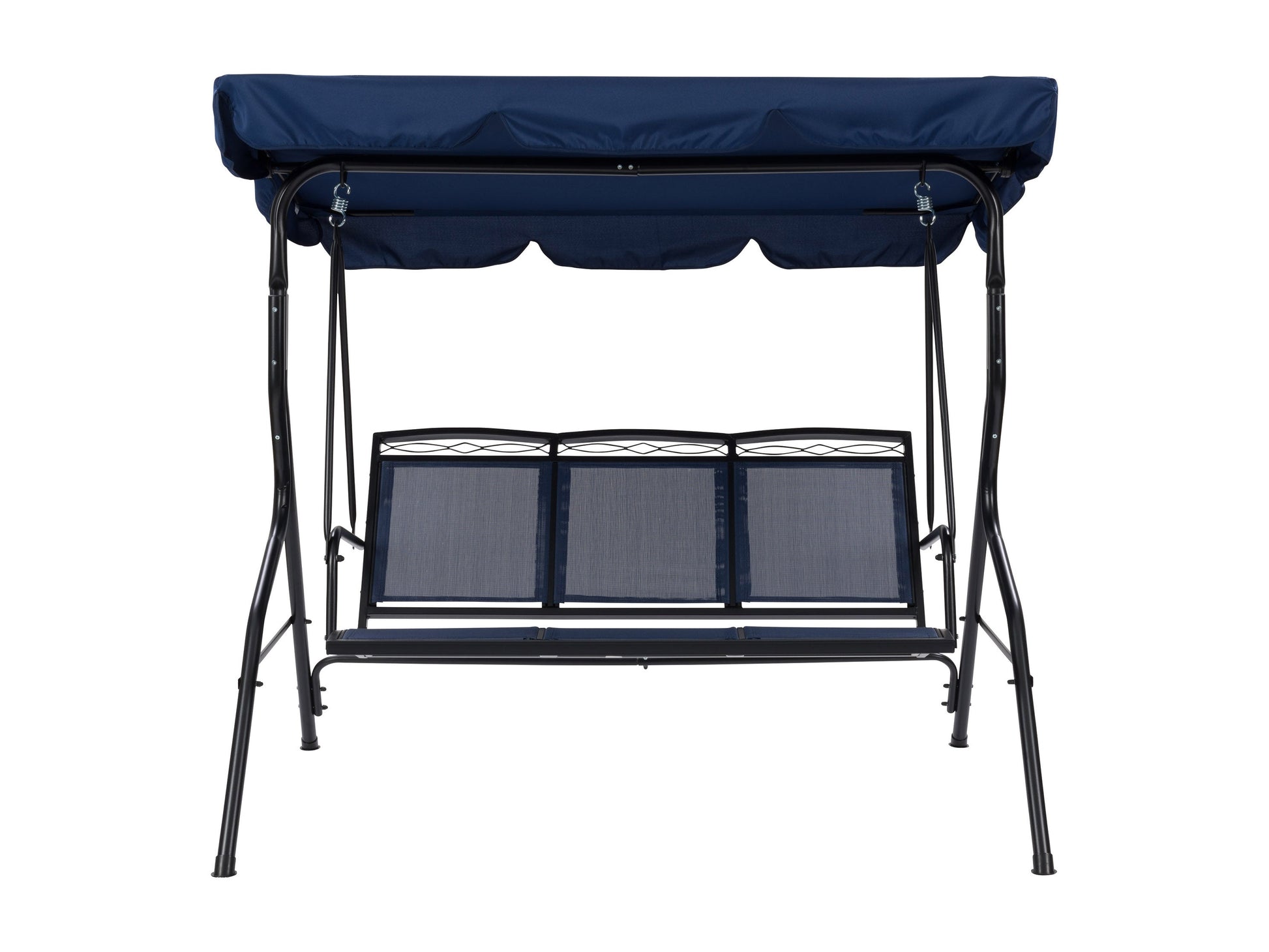 Navy blue patio swing with canopy, cushioned seats, and sturdy metal frame for outdoor relaxation.