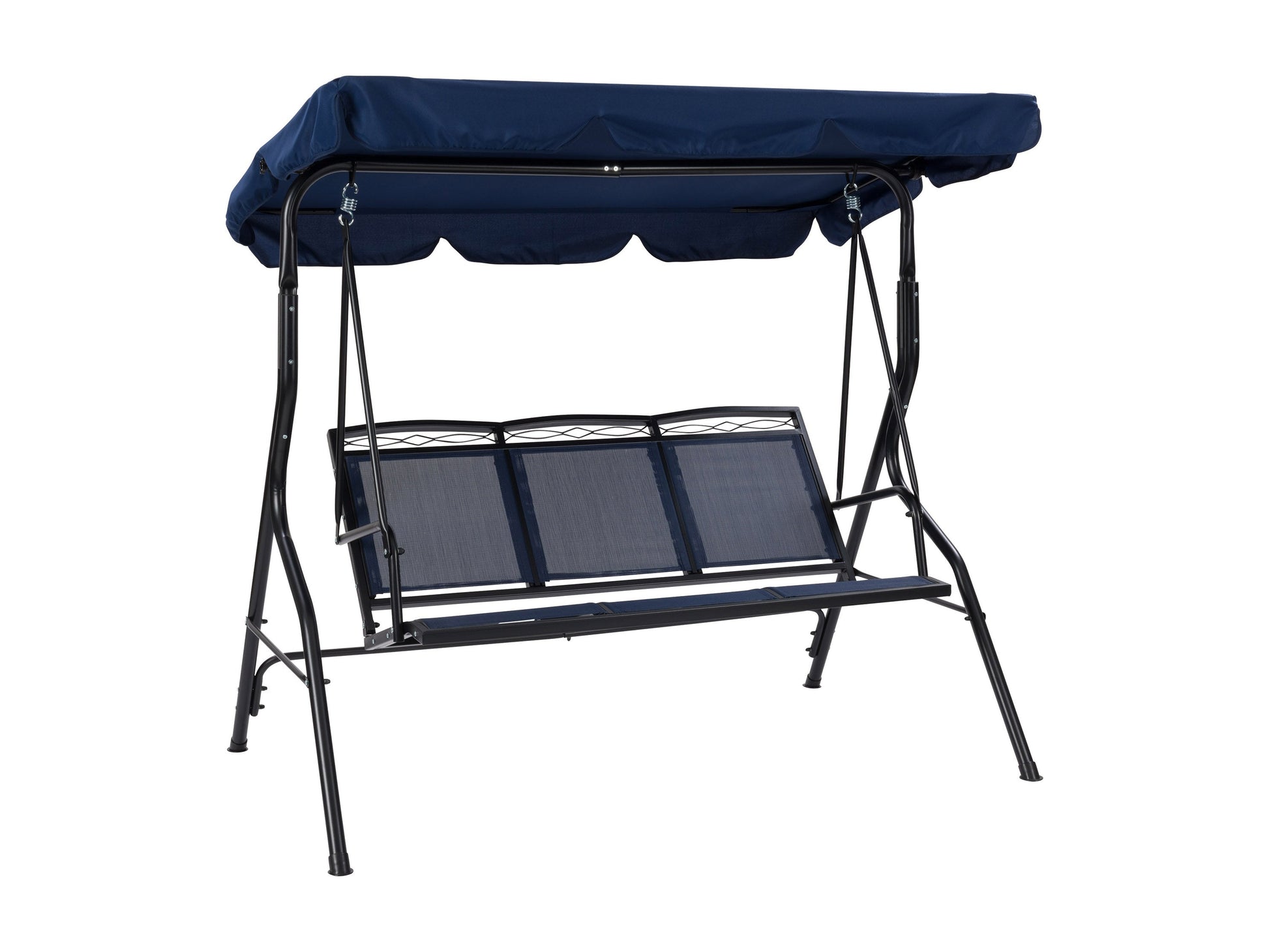 Navy blue patio swing with canopy, sturdy metal frame, cushioned seats, and weather-resistant fabric for outdoor relaxation.