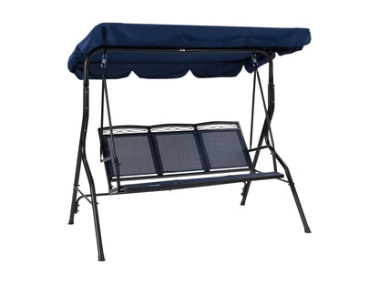 Navy blue patio swing with canopy, sturdy metal frame, cushioned seats, and weather-resistant fabric for outdoor relaxation.