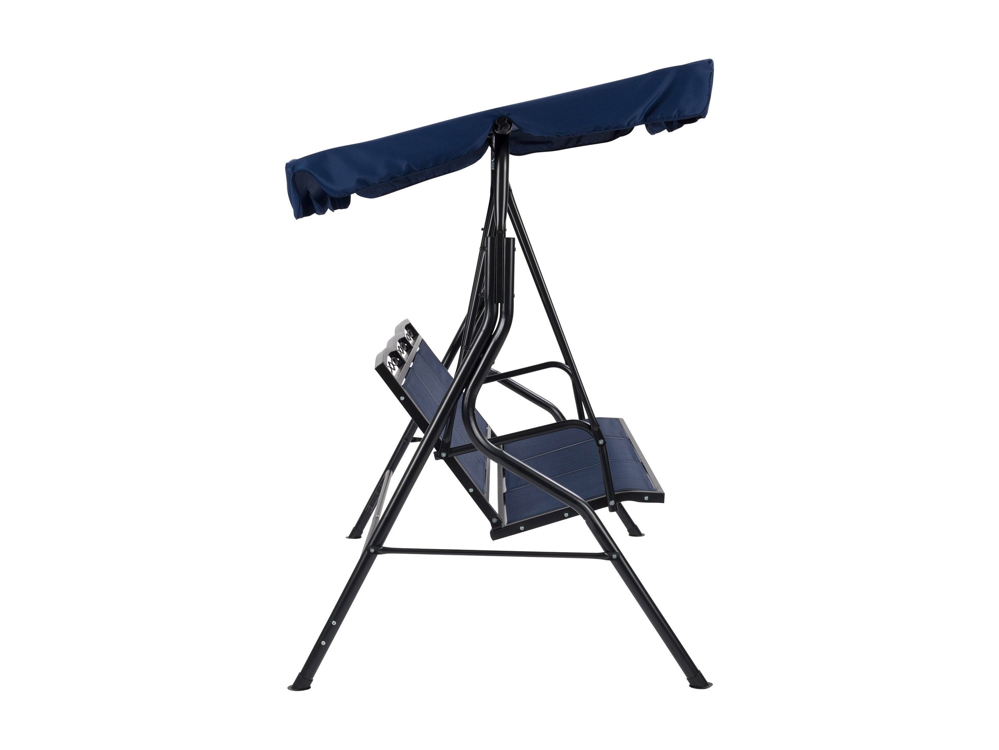 Navy blue patio swing with canopy, cushioned seating, and sturdy metal frame for outdoor relaxation.