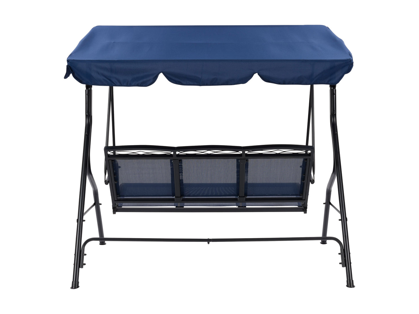 Navy blue patio swing with canopy, cushioned seats, and sturdy metal frame for outdoor relaxation.