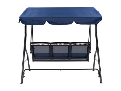 Navy blue patio swing with canopy, cushioned seats, and sturdy metal frame for outdoor relaxation.