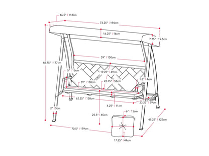 Grey patio swing with canopy, cushioned seats, and sturdy metal frame for outdoor relaxation.