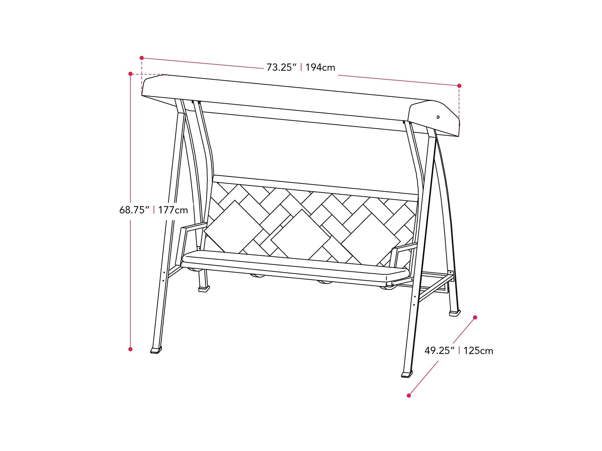 Grey patio swing with canopy, cushioned seats, metal frame, and weather-resistant fabric for outdoor relaxation.