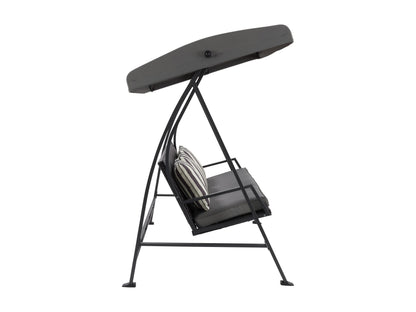 Grey patio swing with canopy, cushioned seats, and sturdy metal frame for outdoor relaxation.