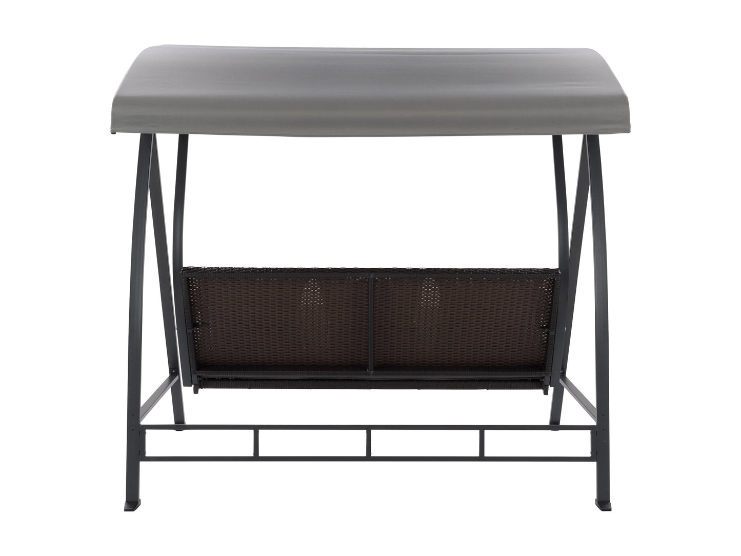 Grey patio swing with canopy, cushioned seats, and sturdy metal frame, perfect for outdoor relaxation.