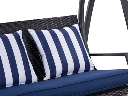 Navy blue patio swing with canopy, cushioned seats, and sturdy metal frame for outdoor relaxation.