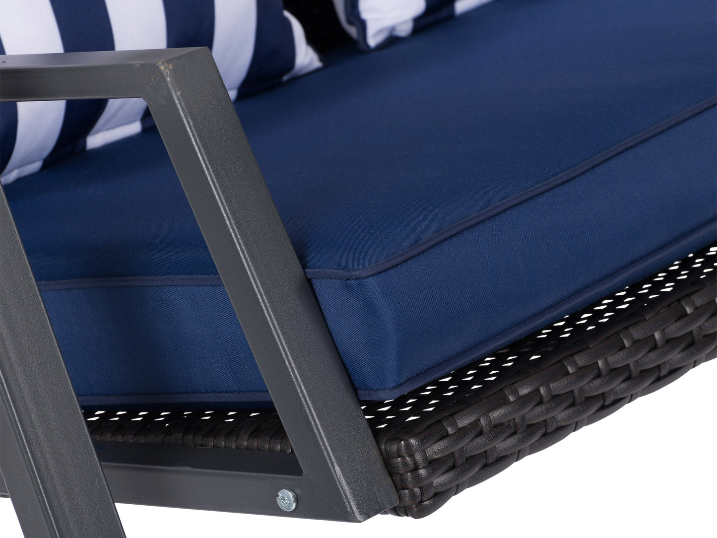 Navy blue patio swing with canopy, cushioned seats, and sturdy metal frame for outdoor relaxation.