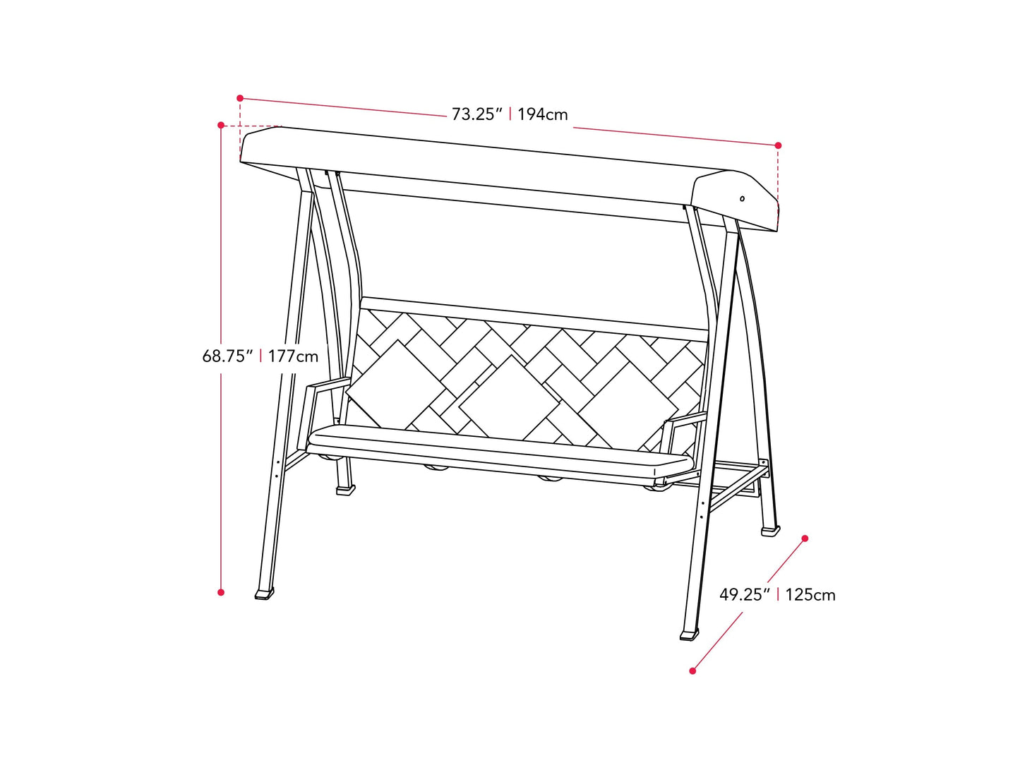 Navy blue patio swing with canopy, cushioned seats, and sturdy metal frame for outdoor relaxation.