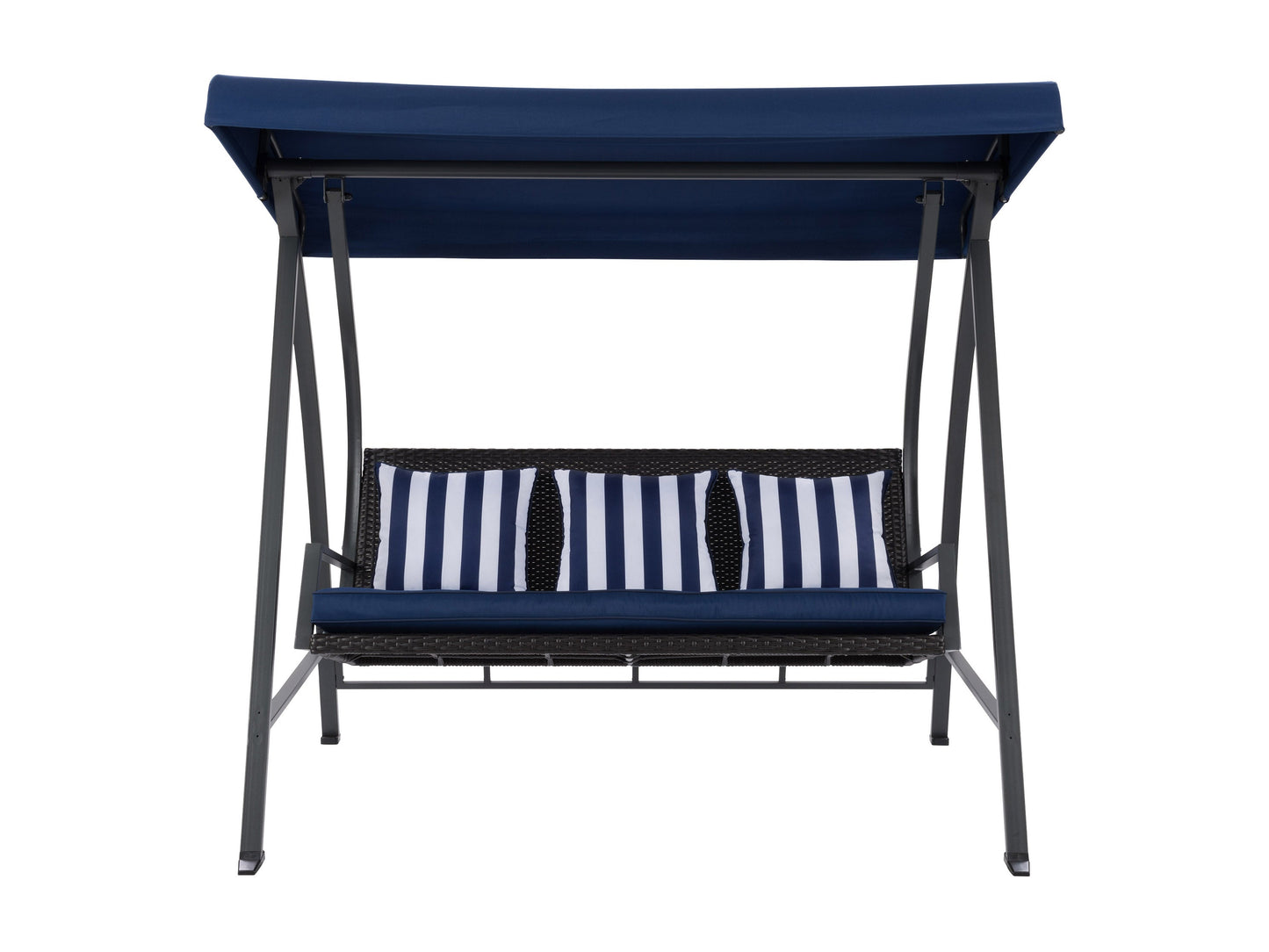 Navy blue patio swing with canopy, cushioned seats, and sturdy metal frame for outdoor relaxation.