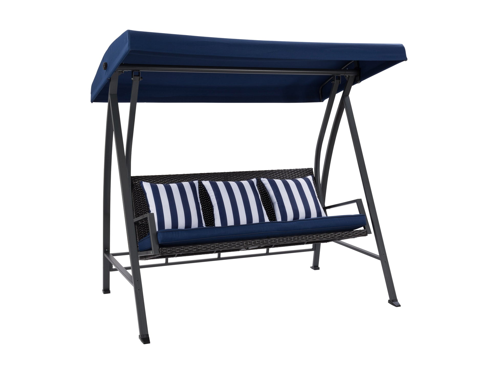 Navy blue patio swing with canopy, durable fabric, metal frame, and comfortable seating for outdoor relaxation.