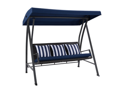 Navy blue patio swing with canopy, durable fabric, metal frame, and comfortable seating for outdoor relaxation.