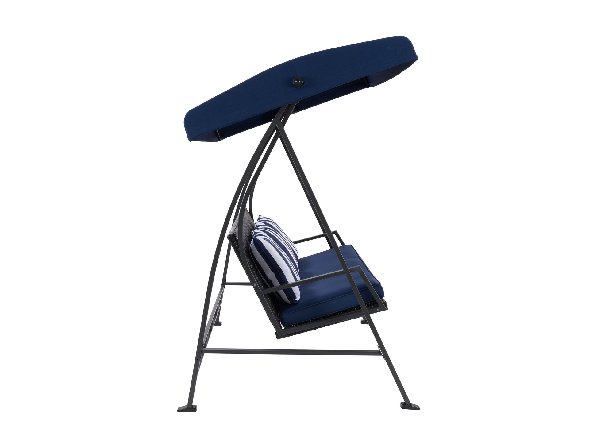 Navy blue patio swing with canopy, cushioned seats, and sturdy metal frame for outdoor relaxation.