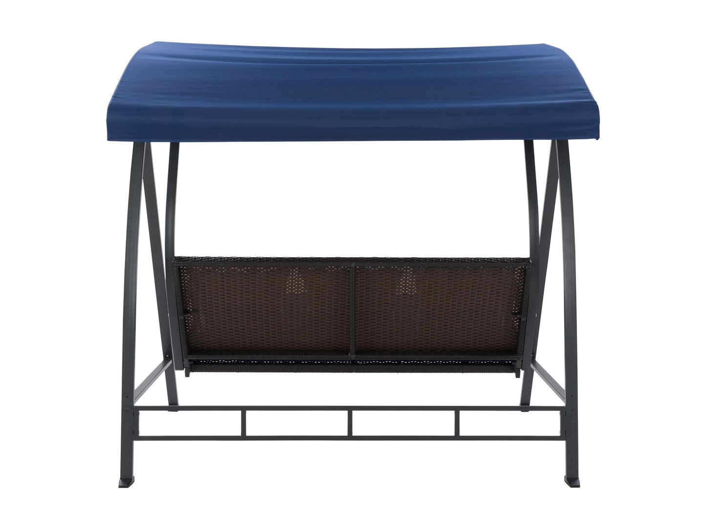 Navy blue patio swing with canopy, cushioned seat, and sturdy metal frame for outdoor relaxation.