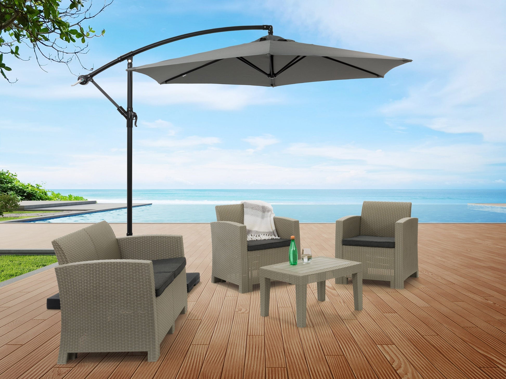 Grey 9ft cantilever patio umbrella with tilting feature, sturdy aluminum frame, and UV-resistant fabric.