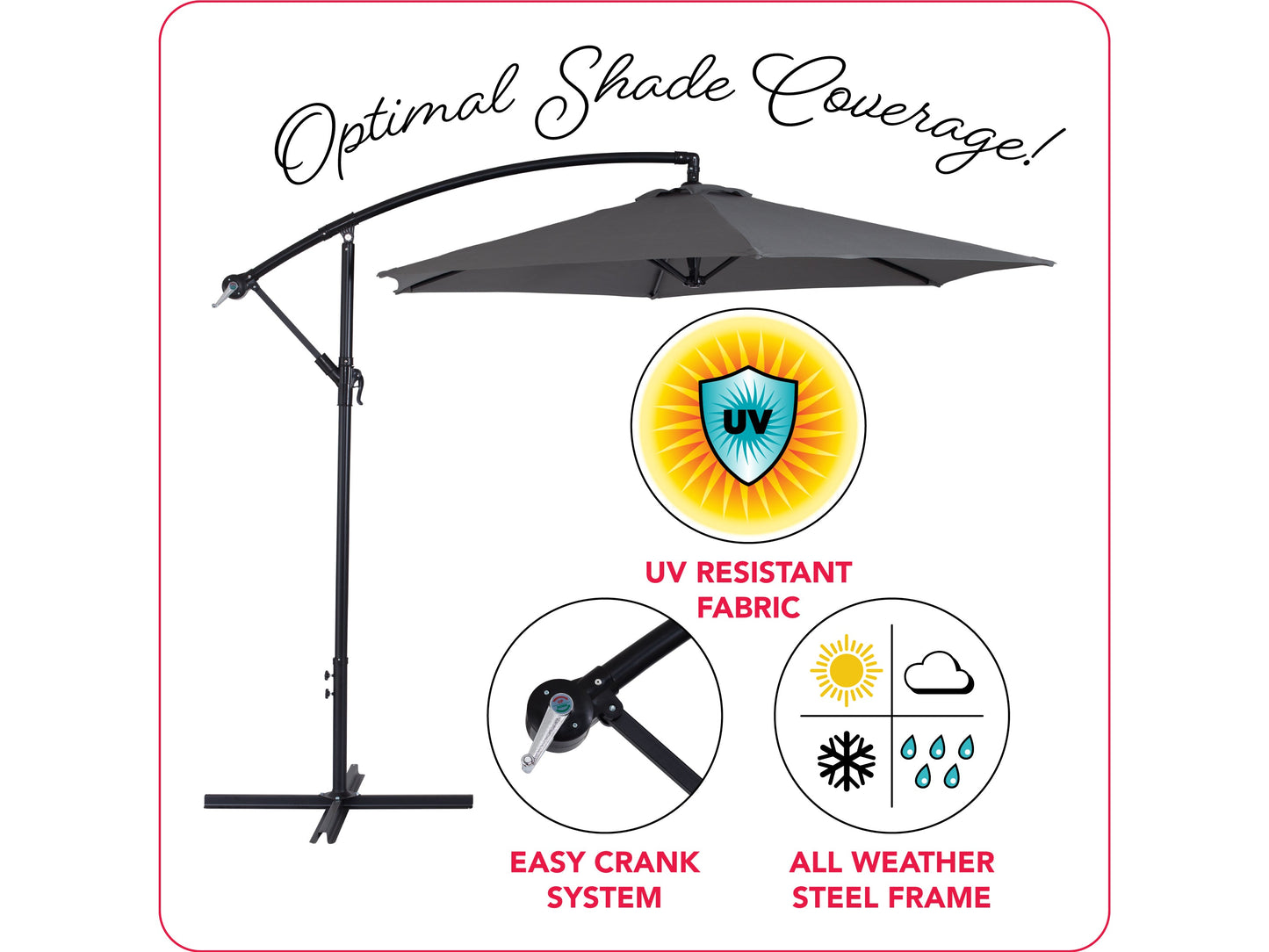 Grey 9ft cantilever patio umbrella with tilting feature, durable fabric canopy, and sturdy aluminum frame for outdoor shade.