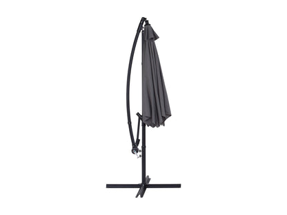 Grey 9ft cantilever patio umbrella with tilting feature, durable fabric canopy, and sturdy metal frame.