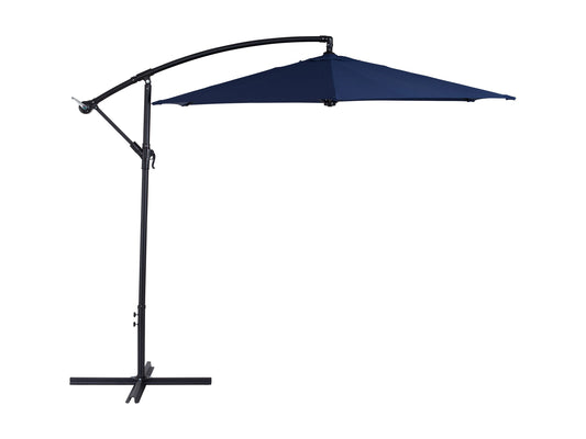 Navy blue 9ft cantilever patio umbrella with tilting feature and durable metal frame.