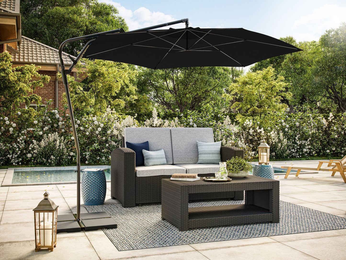 10ft black cantilever patio umbrella, tilting, with durable canopy and adjustable angle for outdoor shade.