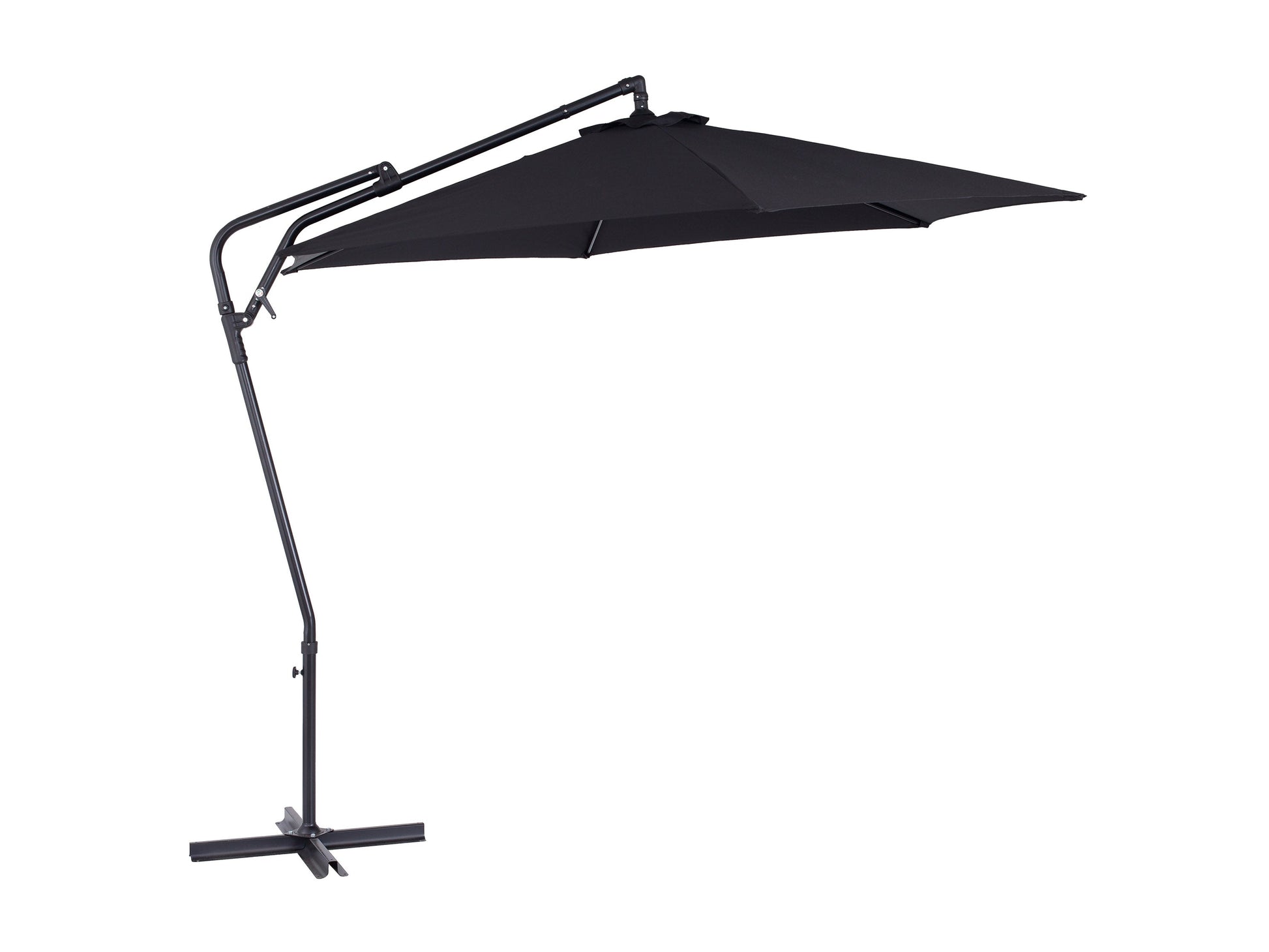 10ft black cantilever patio umbrella with tilting feature, UV-resistant fabric, and sturdy aluminum frame.