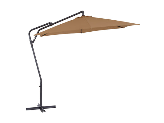 Taupe 10ft cantilever patio umbrella with tilting feature and sturdy base for outdoor shade.