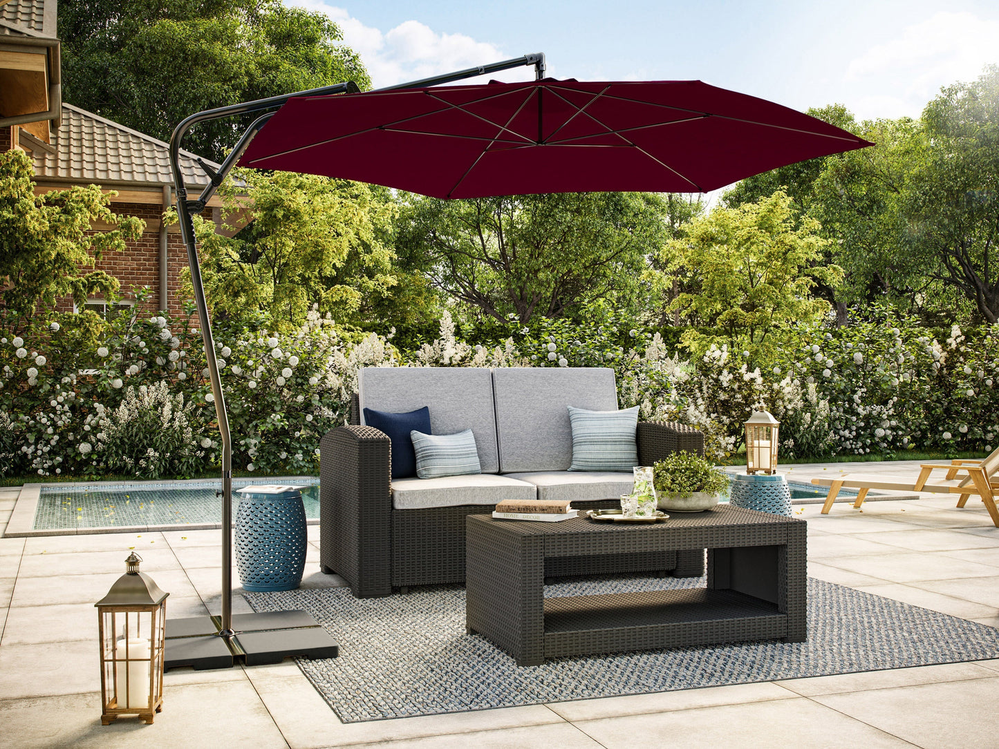 10ft cantilever patio umbrella, tilting, wine red canopy with sturdy aluminum frame for outdoor shade.