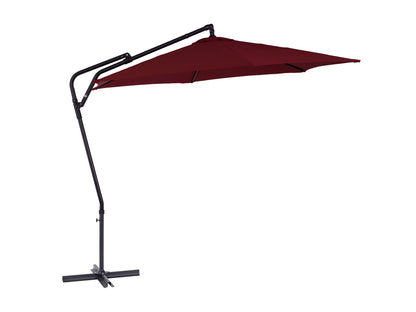 Wine red 10ft cantilever patio umbrella with tilting feature, UV-resistant fabric, and sturdy aluminum frame.