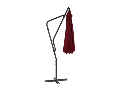 Wine red 10ft cantilever patio umbrella, tilting, with durable fabric and sturdy metal frame for outdoor use.